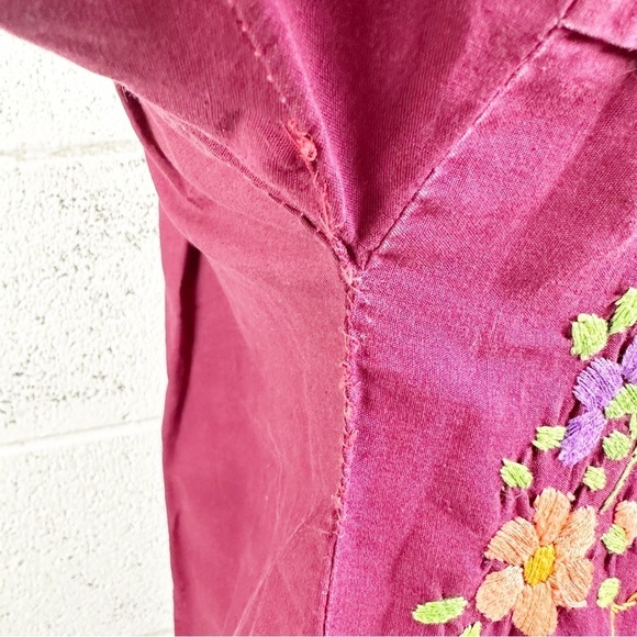 Vintage 70s Floral Embroidered Shift Dress Short Sleeve Knee Length Pink Boho - Picture 9 of 12